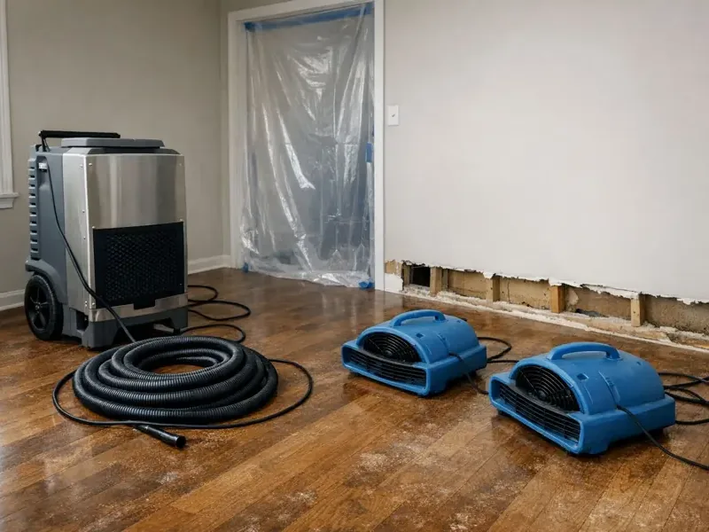 Dehumidifier and air movers beside a wall with lower drywall removed