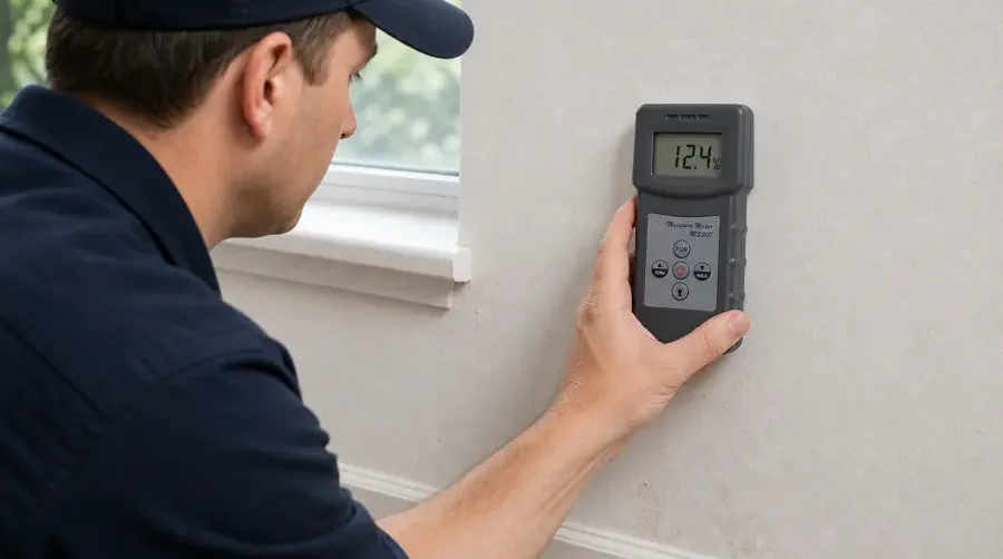 Technician taking a pinless moisture reading on a wall